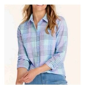LL Bean Vacationland Seersucker Colorful Plaid Button Up Shirt Small Blue Purple